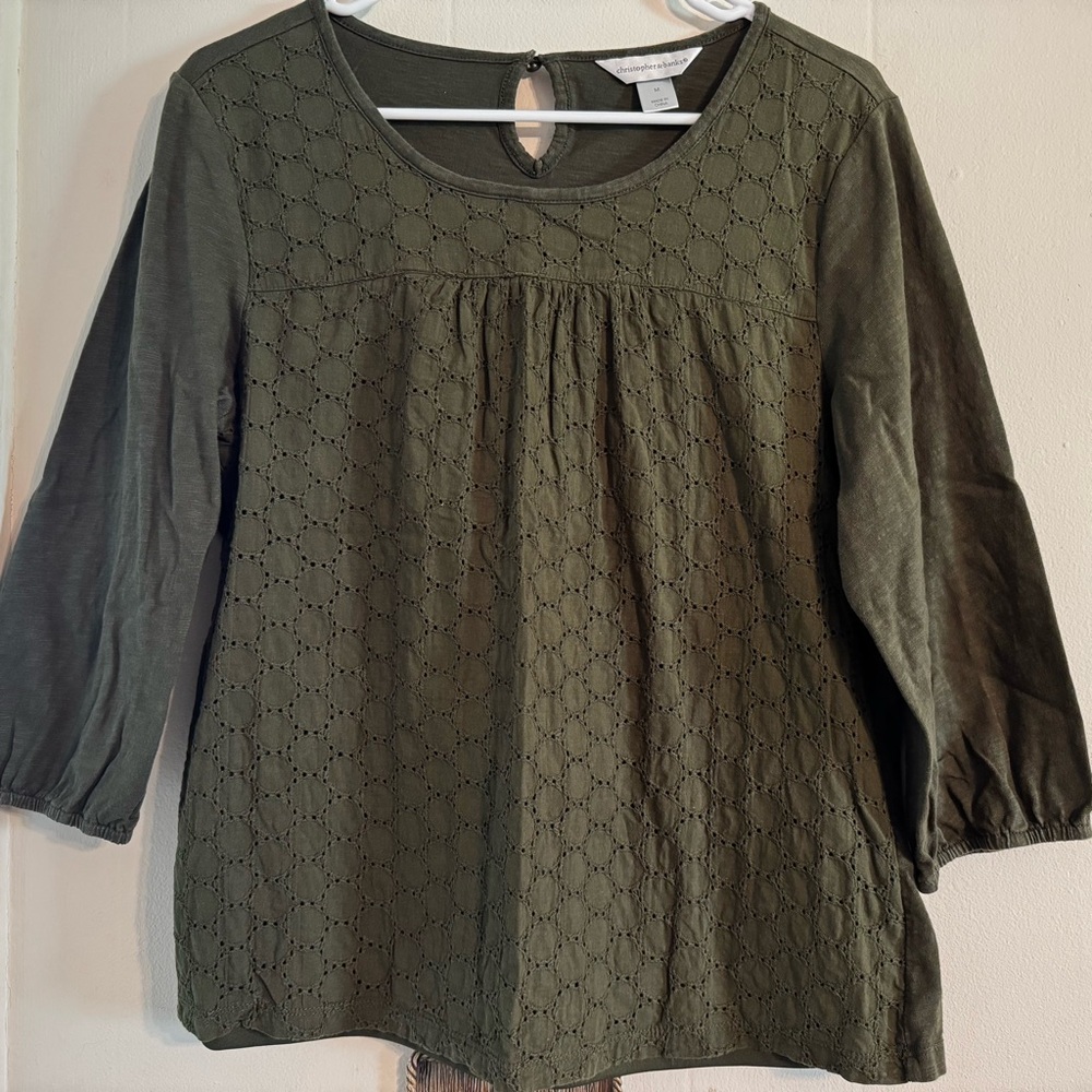 Christopher & Banks Dark Green Eyelet Blouse